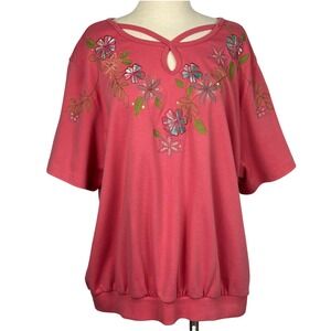 Alfred Dunner Woman Pink Floral Embroidered Beaded Short Sleeve Sweatshirt 3X